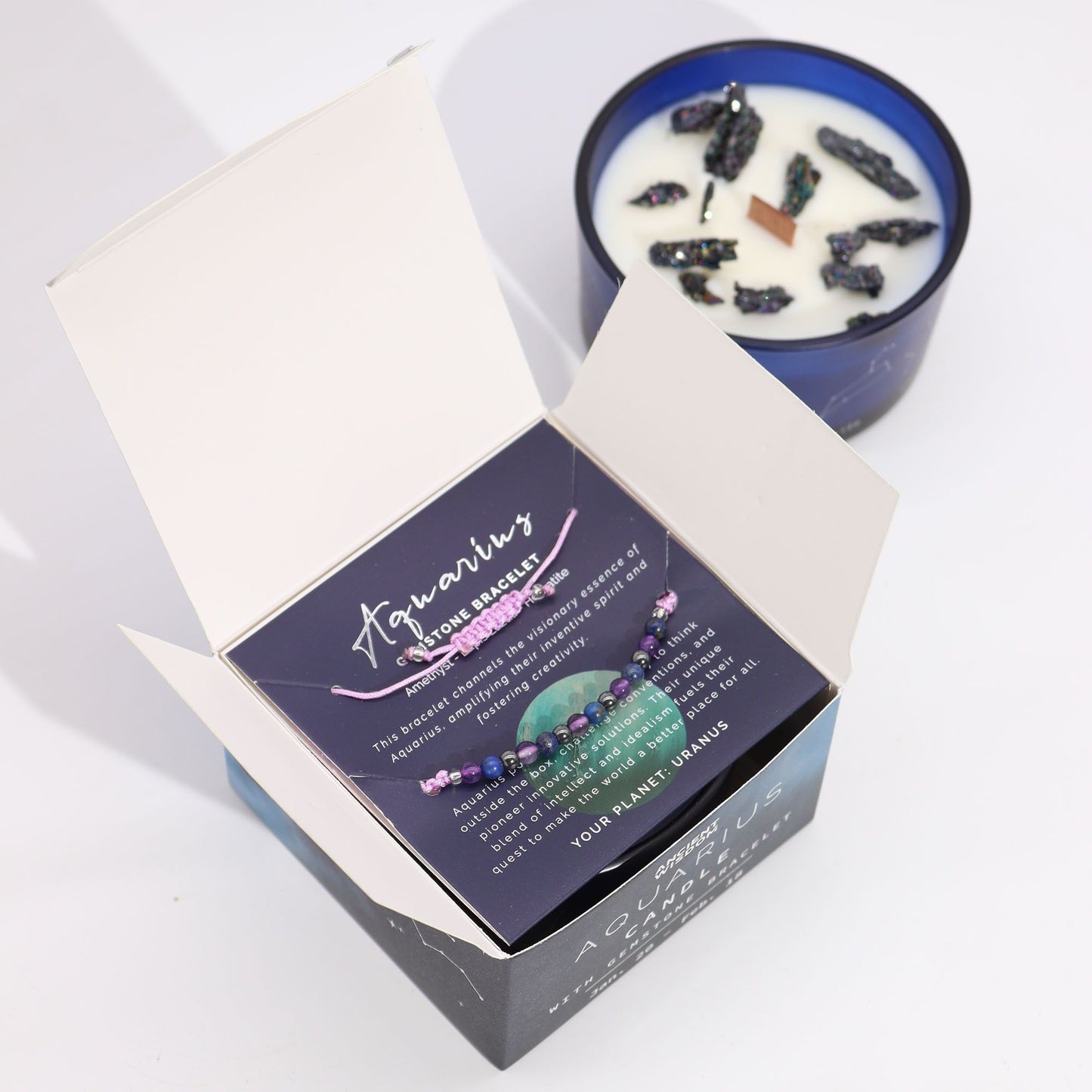 Zodiac Crystal Candle with Gemstone Bracelet – Aquarius
