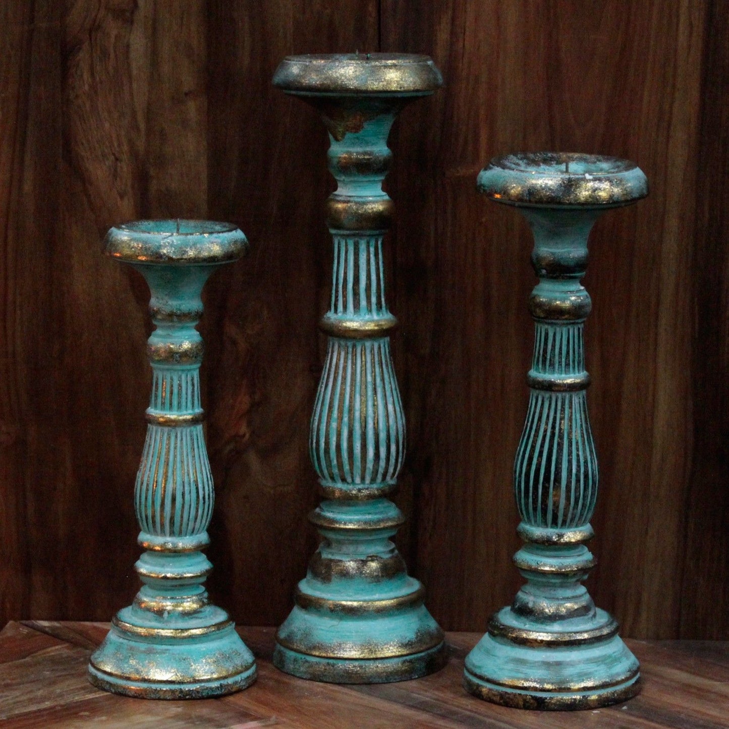 Medium Candle Stand - Turquois Gold Wooden