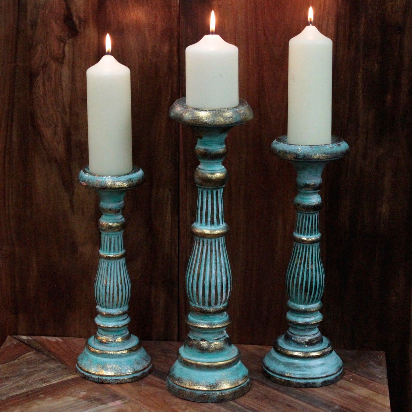 Large Candle Stand - Turquois Gold Wooden