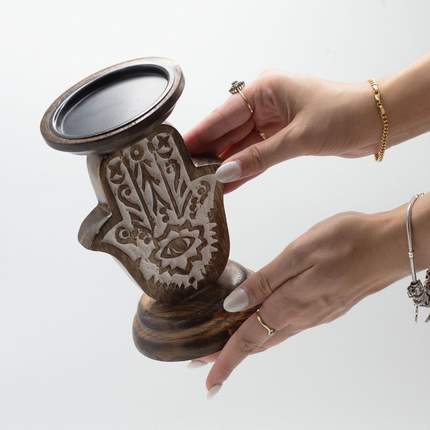 Mango Wood Candle Stand - Hamsa - Small 18x11cm (India)