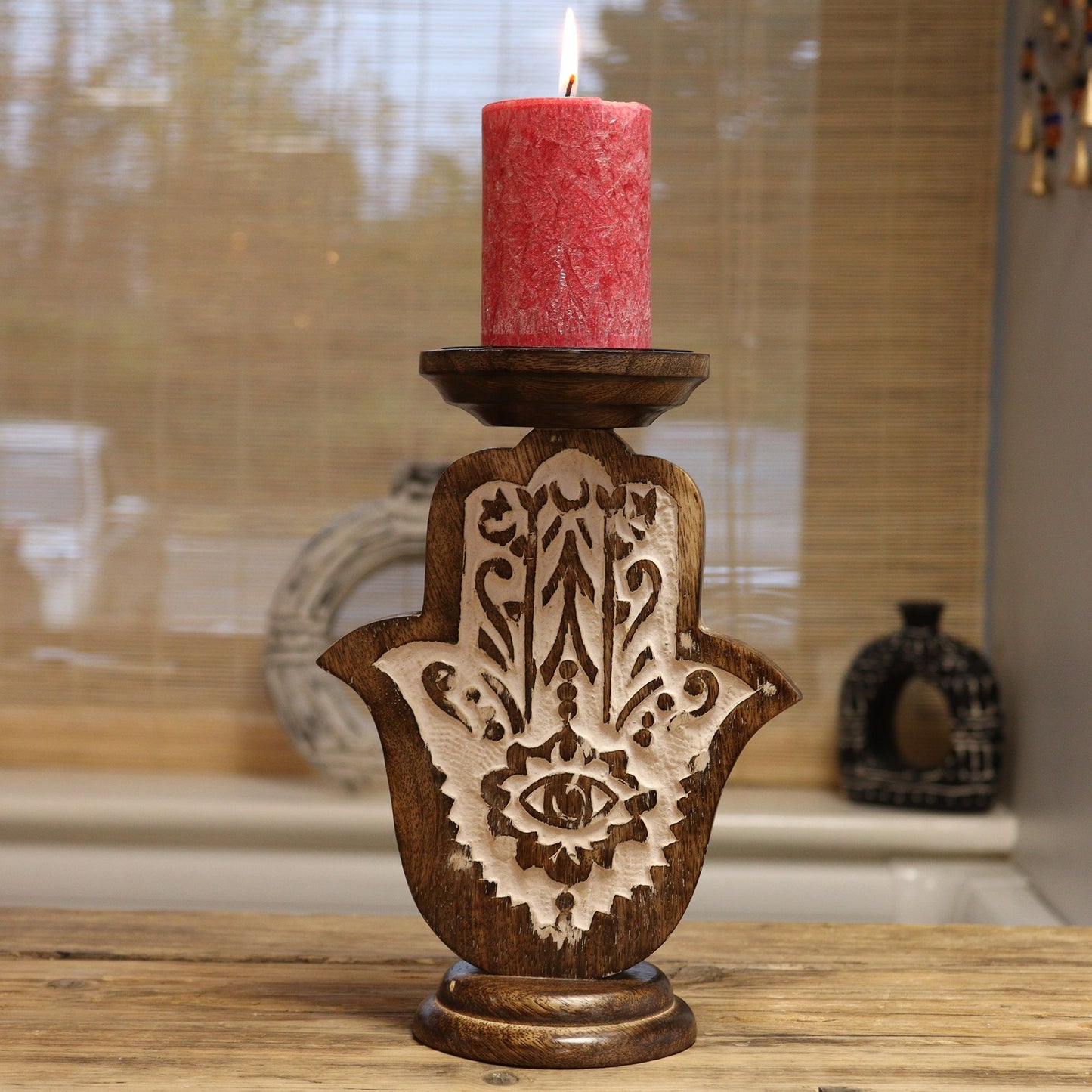 Mango Wood Candle Stand - Hamsa - Large 25x18cm (India)